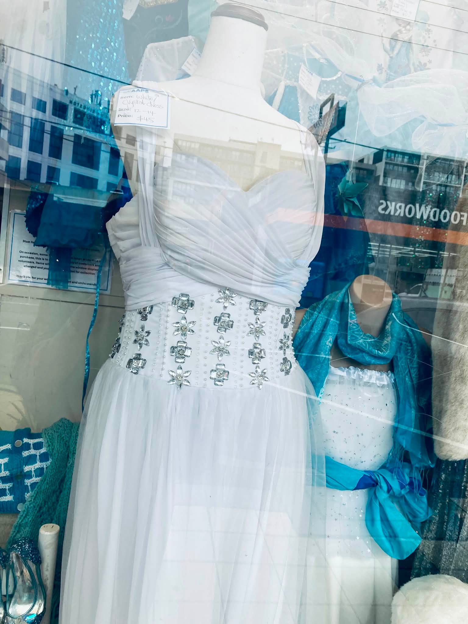 Frozen frenzy at AAPS Op Shop Cheltenham, with children’s Elsa and Anna costumes, dolls, toys, glitter shoes and wintery clothing in store. Visible prices include a Frozen backpack for $5, a polar-bear soft toy for $8, an upcycled doll for $10, and a white crystal dress in size 12–14 for $45.
