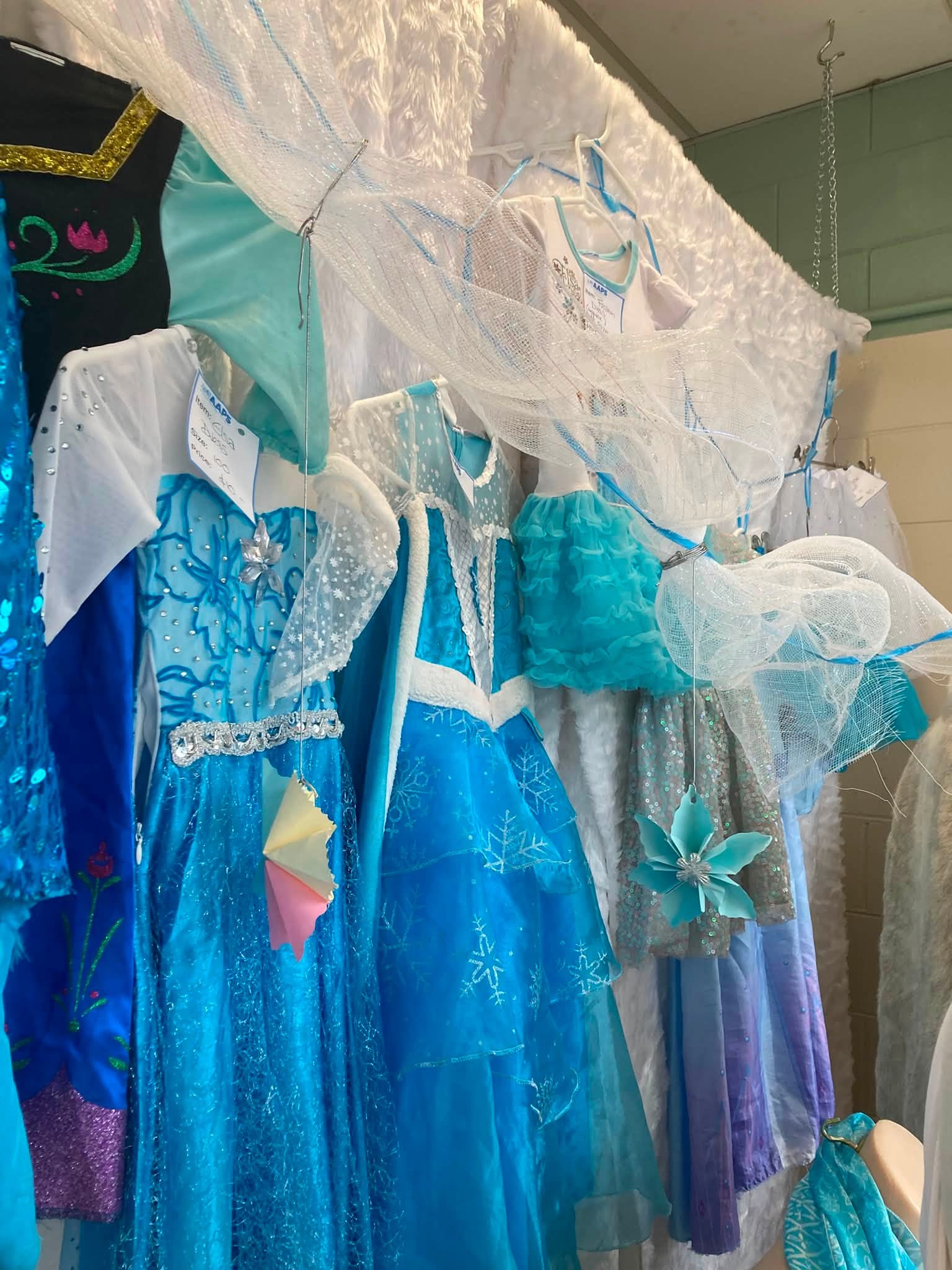 Frozen frenzy at AAPS Op Shop Cheltenham, with children’s Elsa and Anna costumes, dolls, toys, glitter shoes and wintery clothing in store. Visible prices include a Frozen backpack for $5, a polar-bear soft toy for $8, an upcycled doll for $10, and a white crystal dress in size 12–14 for $45.