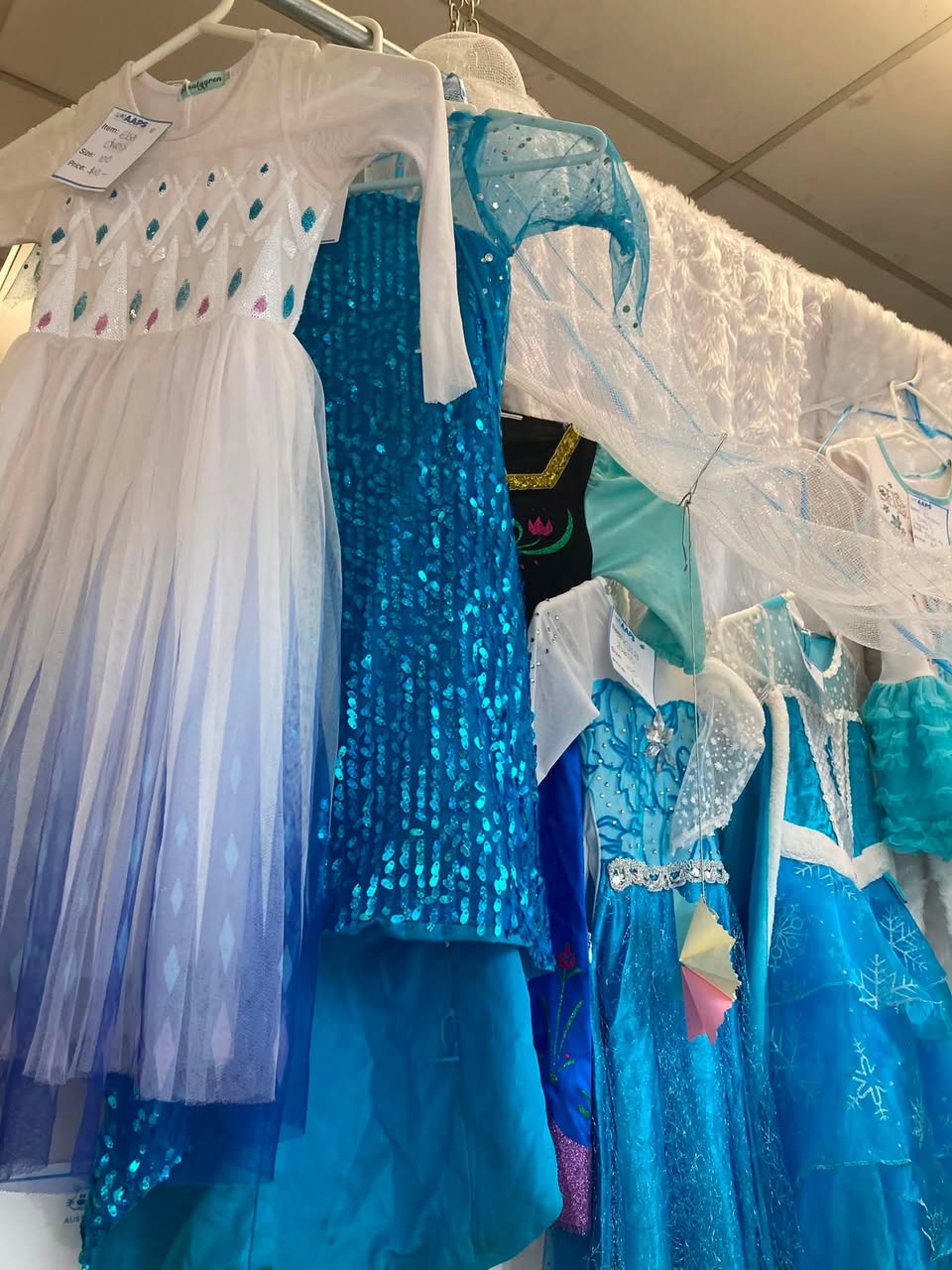 Frozen frenzy at AAPS Op Shop Cheltenham, with children’s Elsa and Anna costumes, dolls, toys, glitter shoes and wintery clothing in store. Visible prices include a Frozen backpack for $5, a polar-bear soft toy for $8, an upcycled doll for $10, and a white crystal dress in size 12–14 for $45.
