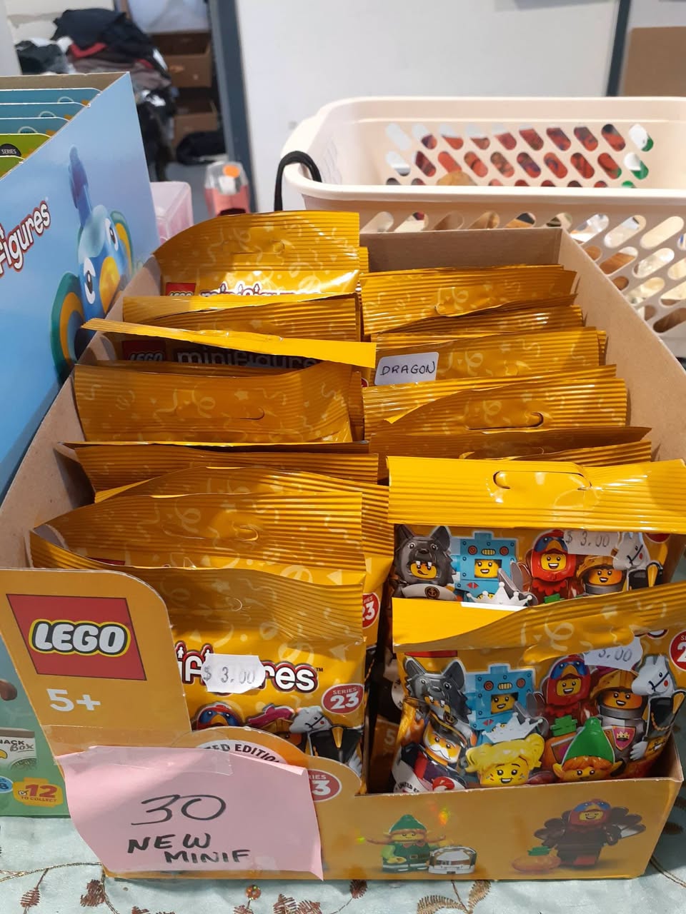 Brand-new packaged LEGO minis are still available for $3–4 at St John Waiuku Store; the larger sets have sold.