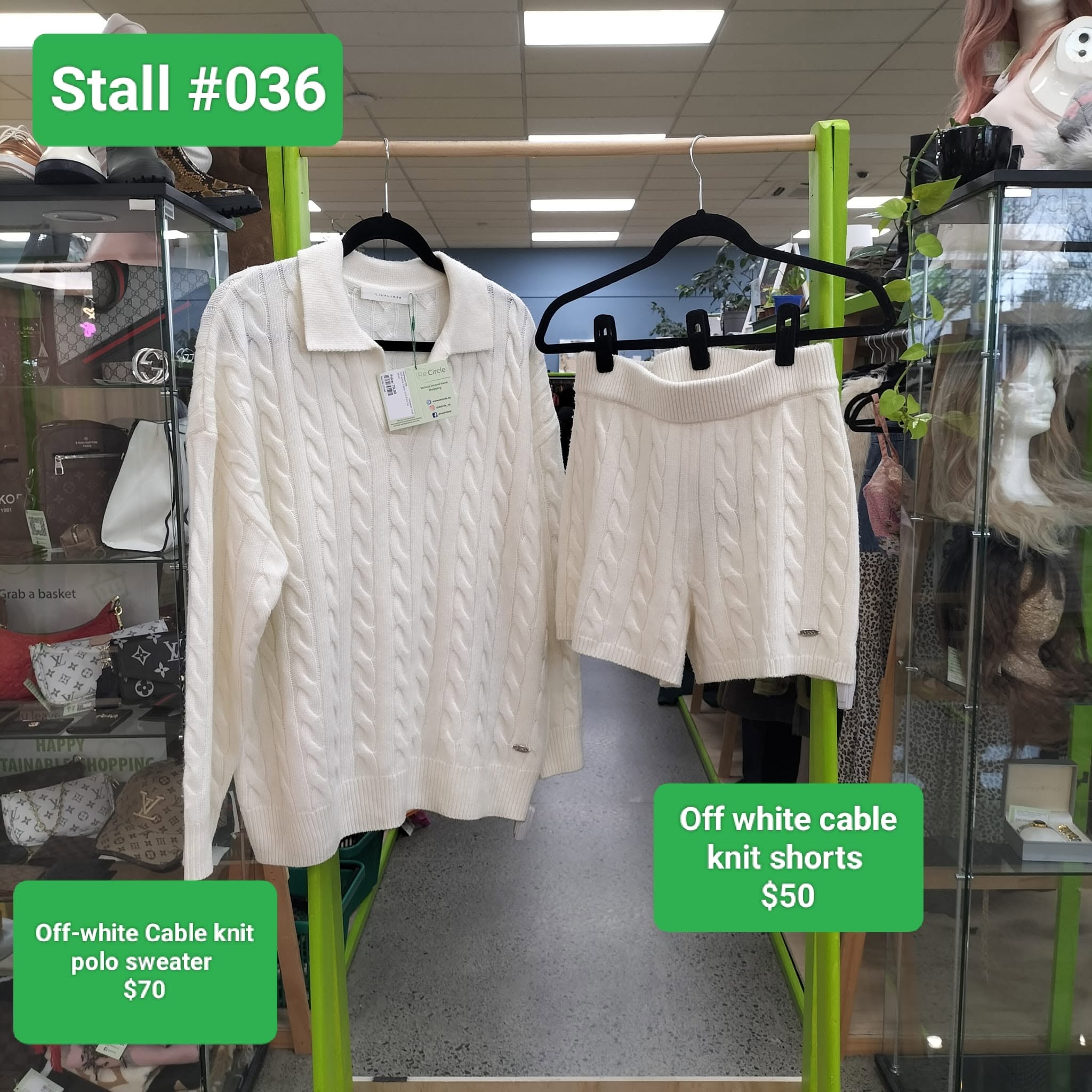 Re:Circle Onehunga stall #036 has a Lululemon backpack, linen pants, a cable-knit polo and matching shorts, with the stall 40% off.