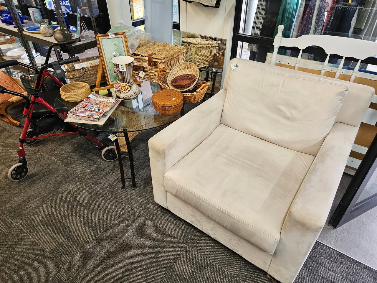 Fresh furniture and homewares are on the floor at St John Tauranga Store, including a cream leather two-seater couch for $80, a matching single-seater for $40 and a Sony Bravia television for $40.