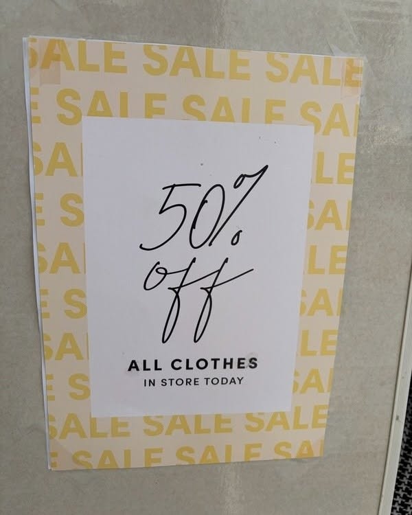 The Hope Shop in Manly Village has 50% off storewide for a limited time, excluding jewellery and jeans as marked.