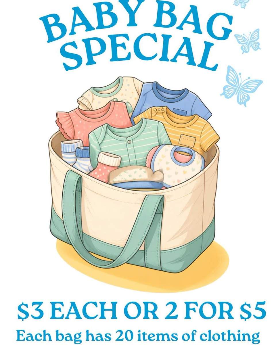 EXCITING NEWS FROM THE BUTTERFLY SHOP!
We’re making the rest of the week even sweeter!
WEDNESDAY • THURSDAY • FRIDAY
 EVERYTHING IS $5 OR LESS!
That’s right, if you see something in the shop priced OVER $5, you’ll only pay $5 MAX!
And YES… our amazing BABY BAG DEAL IS STILL ON!
 2 baby bags for just $5!
That means you get 40 items of baby clothing for just $5!
Come and grab yourself a bargain, stock up, and support your local community at the same time.
 80 Waldegrave St
 Wednesday • Thursday • Friday
 Nothing over $5!
Tag your bargain-loving friends and get them in quick, you don’t want to miss this one!