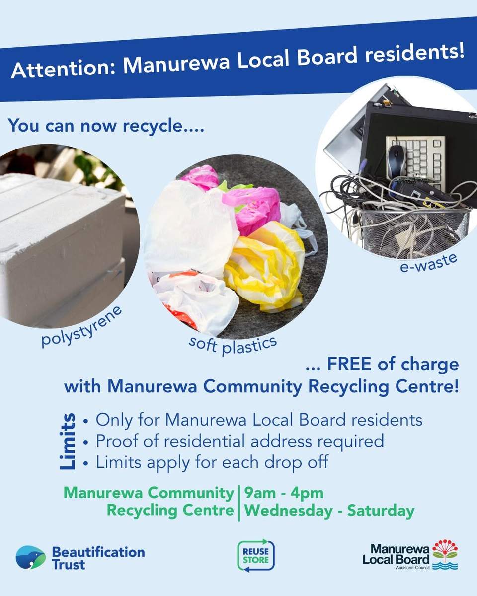 Manurewa residents can recycle MORE for free starting today!
As of today, Manurewa Local Board residents have more FREE recycling options!
With proof of address, Manurewa residents can have recycling fees waived for:
 e-waste (max. 5 items)
 soft plastics (max. 2 small bags)
 polystyrene (max. 2 black bags)
Thanks to Papakura Local Board, Papakura local board residents can still bring e-waste for free, period extended until Saturday 23rd December.
Got recyclables to drop off at the Manurewa Community Recycling Centre:
38 Holmes Road, Manurewa
 9am - 4pm, Wednesday - Saturday
Thank you to Manurewa Local Board  for funding this incredible mahi!
#recycleright #communityrecyclingcentre #empoweringcommunities #freerecycling