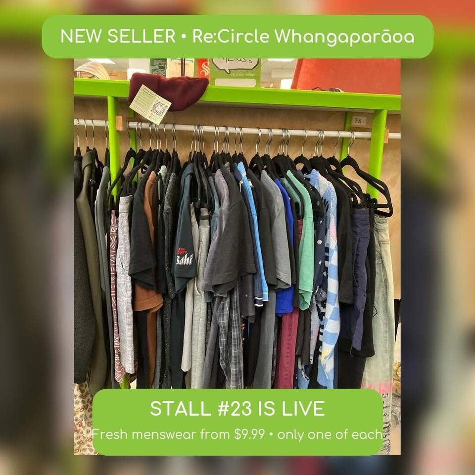 NEW SELLER ALERT — WHANGAPARĀOA!
Stall #23 has landed at Re:Circle Whangaparāoa with a fresh collection of men’s clothing ready to be snapped up:
 Grey shorts, size 32 — $14.99
 Effekt maroon shorts, size 34 — $12.99
 MFG blue shorts, size 32 — $9.99
 Def Leppard T-shirt, size L — $12.99
 Rusty T-shirt, size M — $14.99
 Superdry T-shirt — $14.99
 Adidas T-shirt, size M — $9.99
 Rodd & Gunn shirt, size M — $20
 Plus more fresh finds from only $9.99!
Only one of each—so if something catches your eye, don’t leave it hanging around for someone else!
 Re:Circle Whangaparāoa
Level 4, next to Chipmunks
Coast Plaza, 719 Whangaparaoa Road, Manly
SELLERS: Spring is the perfect time to clear out the clothes you no longer wear. Book a stall, set it up once and let Re:Circle handle the selling while you track your sales online.
#ReCircleWhangaparaoa #CoastPlaza #HibiscusCoast #NewSellerAlert #MenswearNZ #SecondhandFashion #ShopLocalNZ #OnlyOne #SellYourStuff #BookAStall #CircularFashion