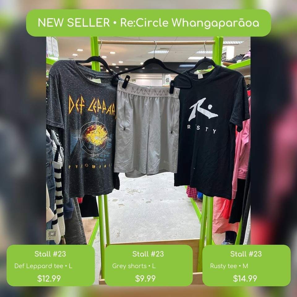 NEW SELLER ALERT — WHANGAPARĀOA!
Stall #23 has landed at Re:Circle Whangaparāoa with a fresh collection of men’s clothing ready to be snapped up:
 Grey shorts, size 32 — $14.99
 Effekt maroon shorts, size 34 — $12.99
 MFG blue shorts, size 32 — $9.99
 Def Leppard T-shirt, size L — $12.99
 Rusty T-shirt, size M — $14.99
 Superdry T-shirt — $14.99
 Adidas T-shirt, size M — $9.99
 Rodd & Gunn shirt, size M — $20
 Plus more fresh finds from only $9.99!
Only one of each—so if something catches your eye, don’t leave it hanging around for someone else!
 Re:Circle Whangaparāoa
Level 4, next to Chipmunks
Coast Plaza, 719 Whangaparaoa Road, Manly
SELLERS: Spring is the perfect time to clear out the clothes you no longer wear. Book a stall, set it up once and let Re:Circle handle the selling while you track your sales online.
#ReCircleWhangaparaoa #CoastPlaza #HibiscusCoast #NewSellerAlert #MenswearNZ #SecondhandFashion #ShopLocalNZ #OnlyOne #SellYourStuff #BookAStall #CircularFashion