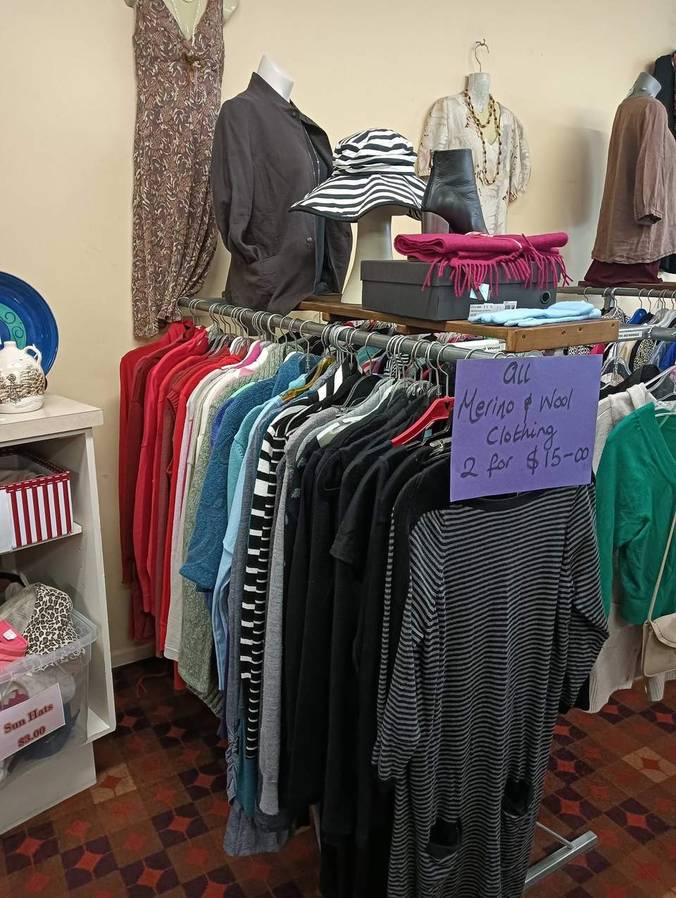 All wool and merino is two for $15; women’s scarves are two for $3.