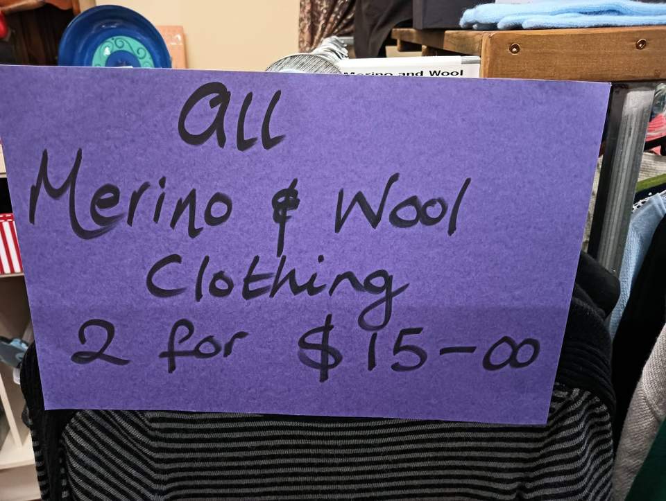 All wool and merino is two for $15; women’s scarves are two for $3.