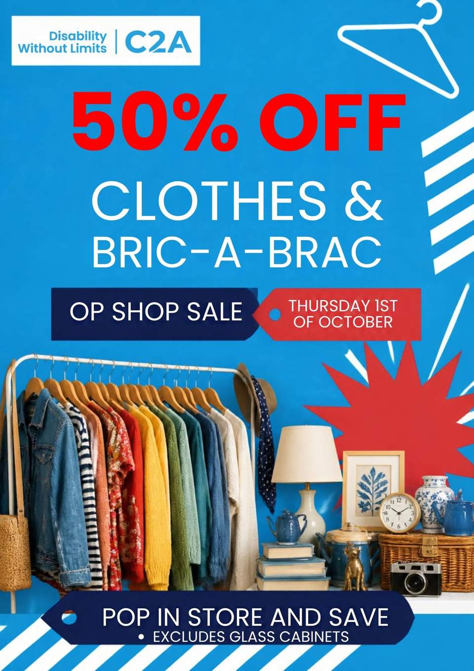 50% OFF SALE COMING THIS THURSDAY!
 50% OFF CLOTHING & BRIC-A-BRAC!
Help us clear the racks and shelves and make room for all the new donations waiting to hit the shop floor!
 This Thursday
 9:30am – 4pm
Come in, grab a bargain and help us make room for new treasures!