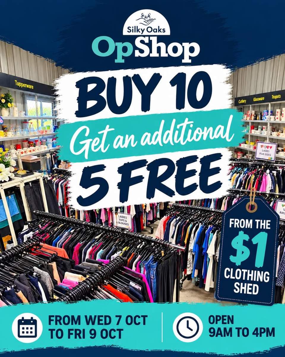 BUY 10, GET AN ADDITIONAL 5 FREE!
The $1 Clothing Shed just got even better!
For 3 DAYS ONLY, grab 10 items for just $10 and select an additional 5 items for FREE!
 That’s 15 pieces of clothing for only $10!
 Wednesday 7 October – Friday 9 October
 Open 9am–4pm
 Silky Oaks Op Shop – $1 Clothing Shed
#SilkyOaksOpShop #OneDollarClothingShed #SustainableFashion #Affordableshopping
