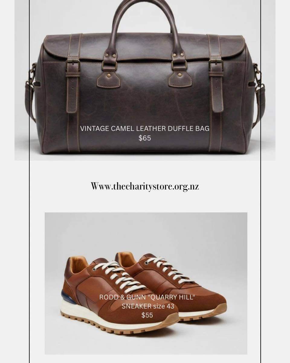 A vintage camel leather duffel bag and Rodd & Gunn shoes are available at The Charity Boutique.