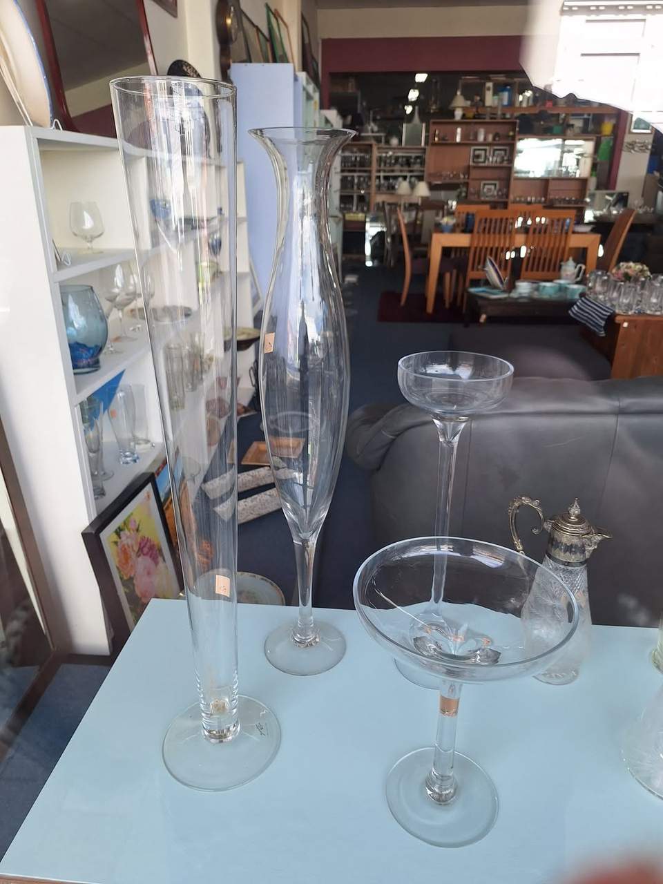 Glass flower bowls, jars, flutes etc. Come on in and have a look