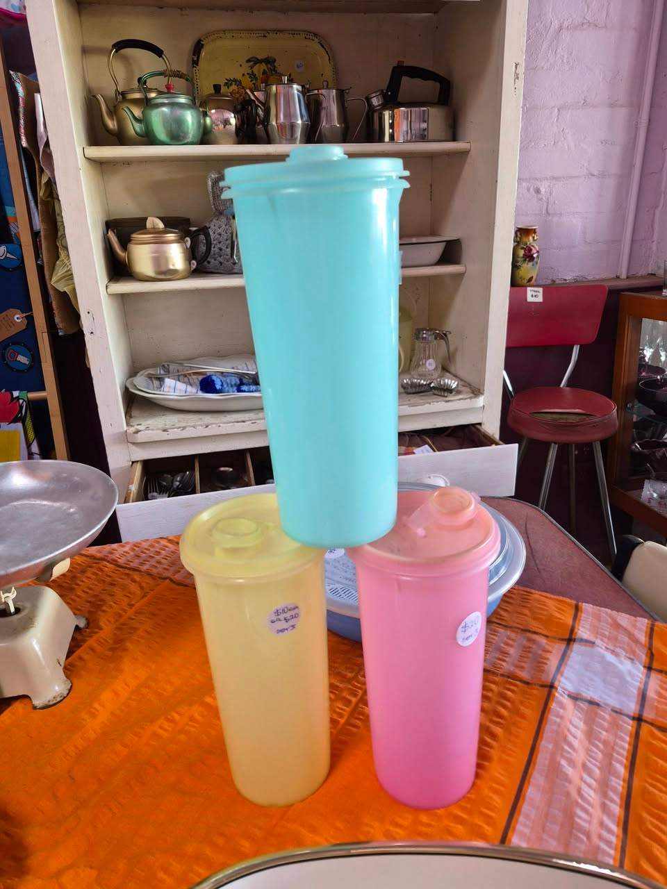 Retro Tupperware containers, white $10, set 3 pastel coloured $20 set or $10 each. Retro oval dish with handles $12.