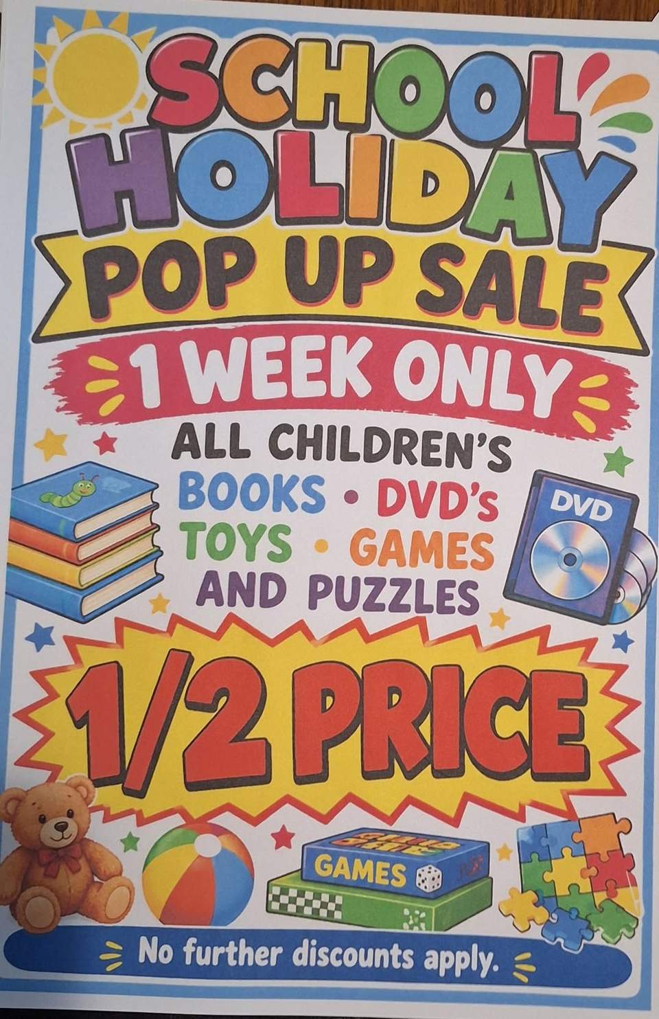Last day of pop up sale tomorrow...come in and get some 1/2 kids stuff to entertain them for the last week of the holidays.