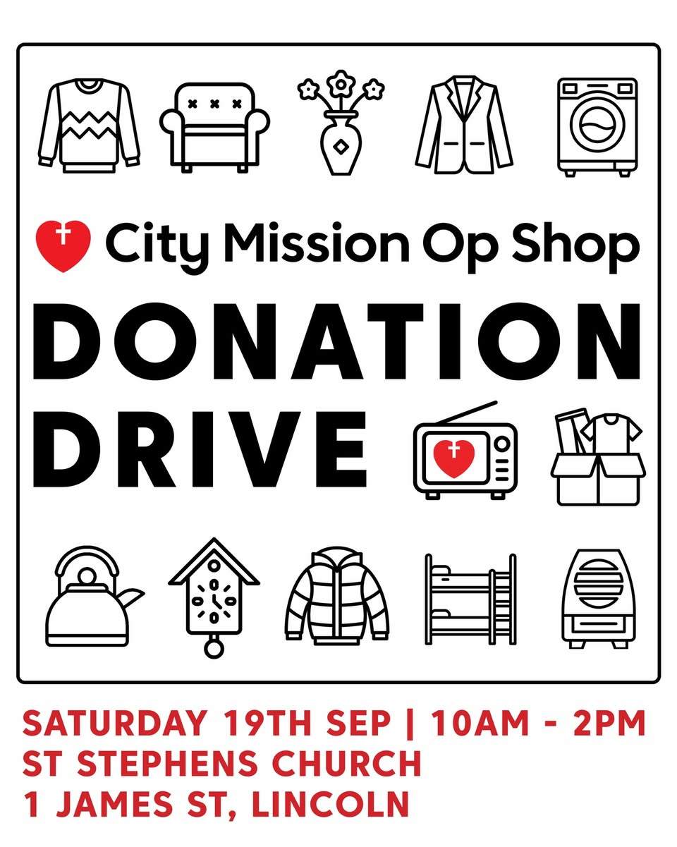 We’re coming to Lincoln very soon for our last Donation Drive of the year! ♥️ On Saturday 19th September the City Mission Op Shop team will be at St Stephens Church, 1 James Street, Lincoln between 10am - 2pm collecting donations. We’ll be gratefully accepting good‑quality clothing, footwear, linen, small electrical, books, tools, toys, kitchenware, homeware, plants and more! Whether you have a couple of items or a whole car‑boot load, every donation makes a huge difference and helps support the important work of the Christchurch City Mission. If you have larger items or furniture please give us a call and we’ll arrange a collection on an alternative day - 03 365 0633 or opshop@citymission.org.nz We hope to see you there! #citymissionopshop #christchurchcitymission #donationdrive2026 #lincoln #donations
