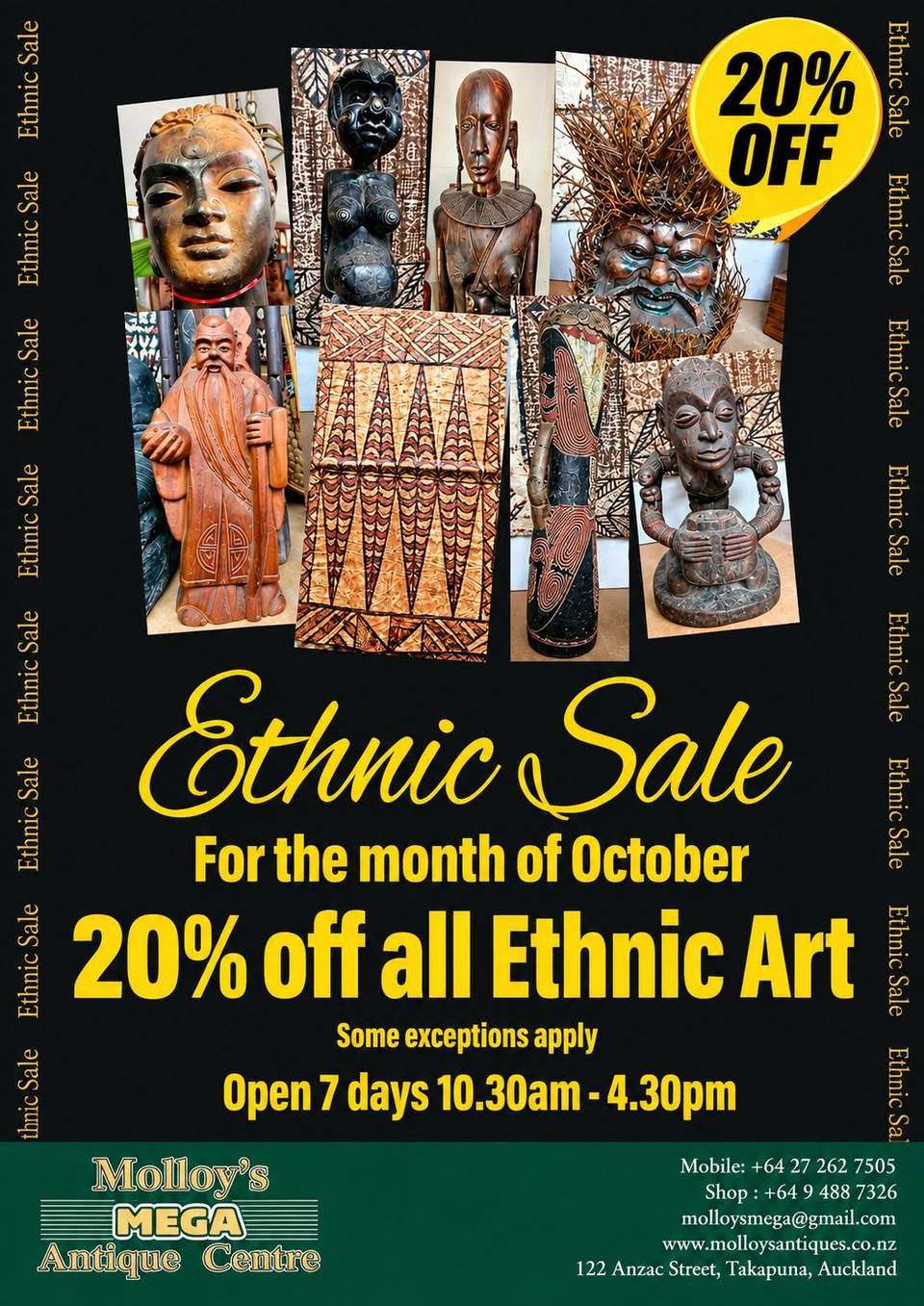 SALE STARTS TODAY!
20% Ethnic Art for the month of October.
#ethnicart
#salesalesale
#aucklandantiques
#shoplocal