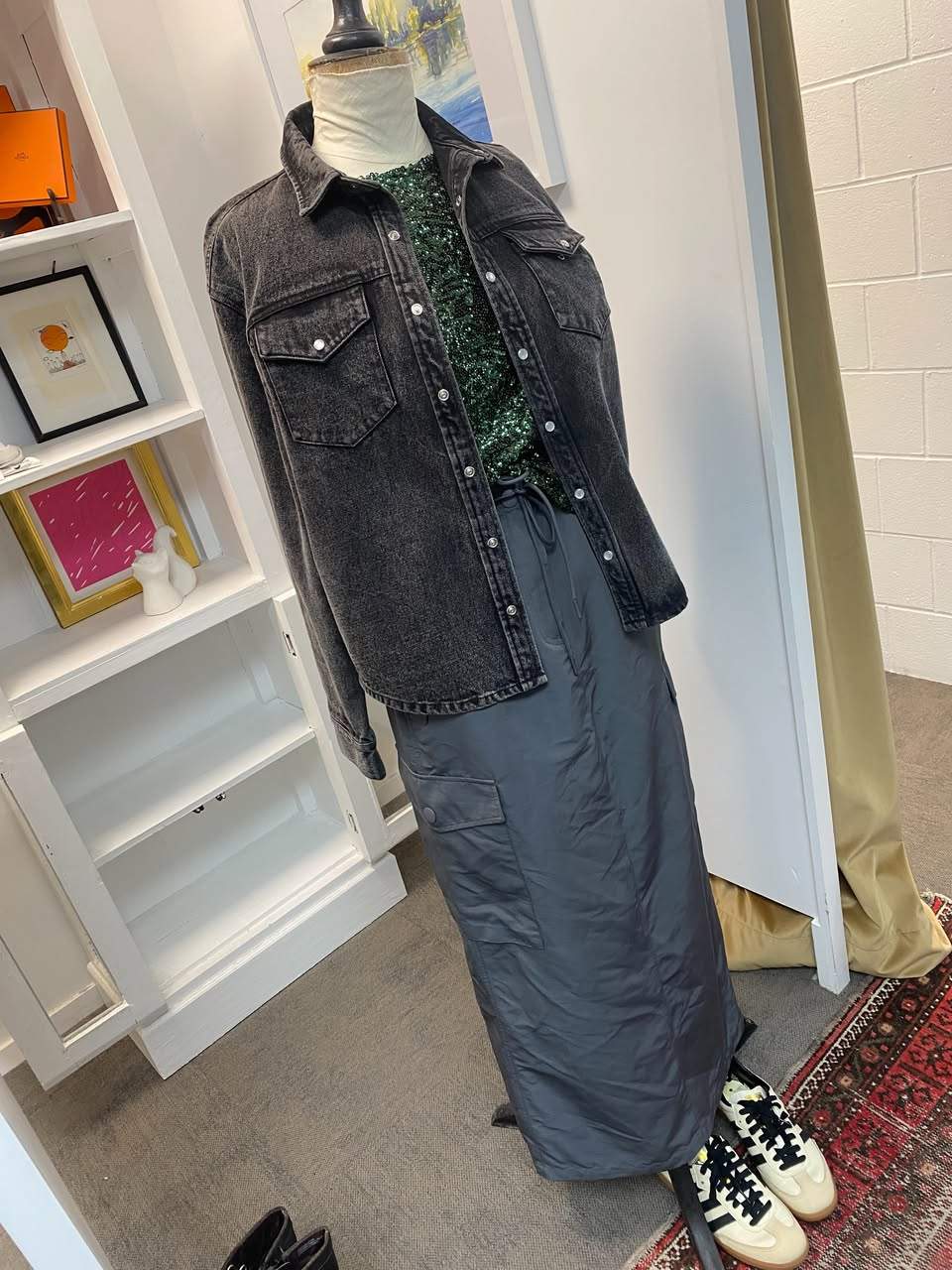 A Remain denim shacket, Elka Collective skirt, River Island sequin top and Adidas Sambas make up this Nostalgia Designer Recycle look.