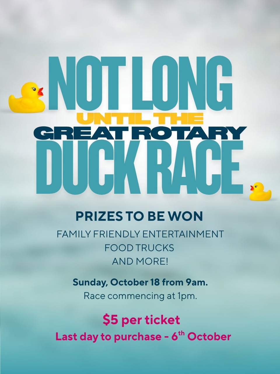Have you got your tickets yet for The Great Rotary Whitewater Duck Race?
 Sponsor a duck for just $5 - Last day to buy tickets is the 6th October.
 Grab your tickets from our Penrith Op-Shop or our Wellness Centres in Leura and Penrith.
 Then pop down to Penrith Whitewater Stadium, at 1pm on Sunday 18 October, to watch your duck race down the rapids, along with thousands of others!
 Penrith Whitewater Stadium, Cranebrook
 Enjoy the ducks, family-friendly activities, food trucks and entertainment and support local charities, including Cancer Wellness Support.