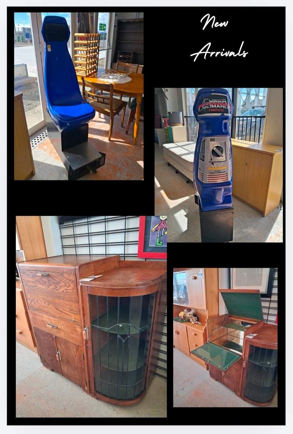 New Arrivals
Check this vintage blue Cyber Commando arcade seat by Namco (from the 1994 game Cyber Commando / UGSF 2068)
 neat for the kids game room or man cave

A beautiful Cocktail Cabinet waiting for a touch of TLC
Plenty more in-store