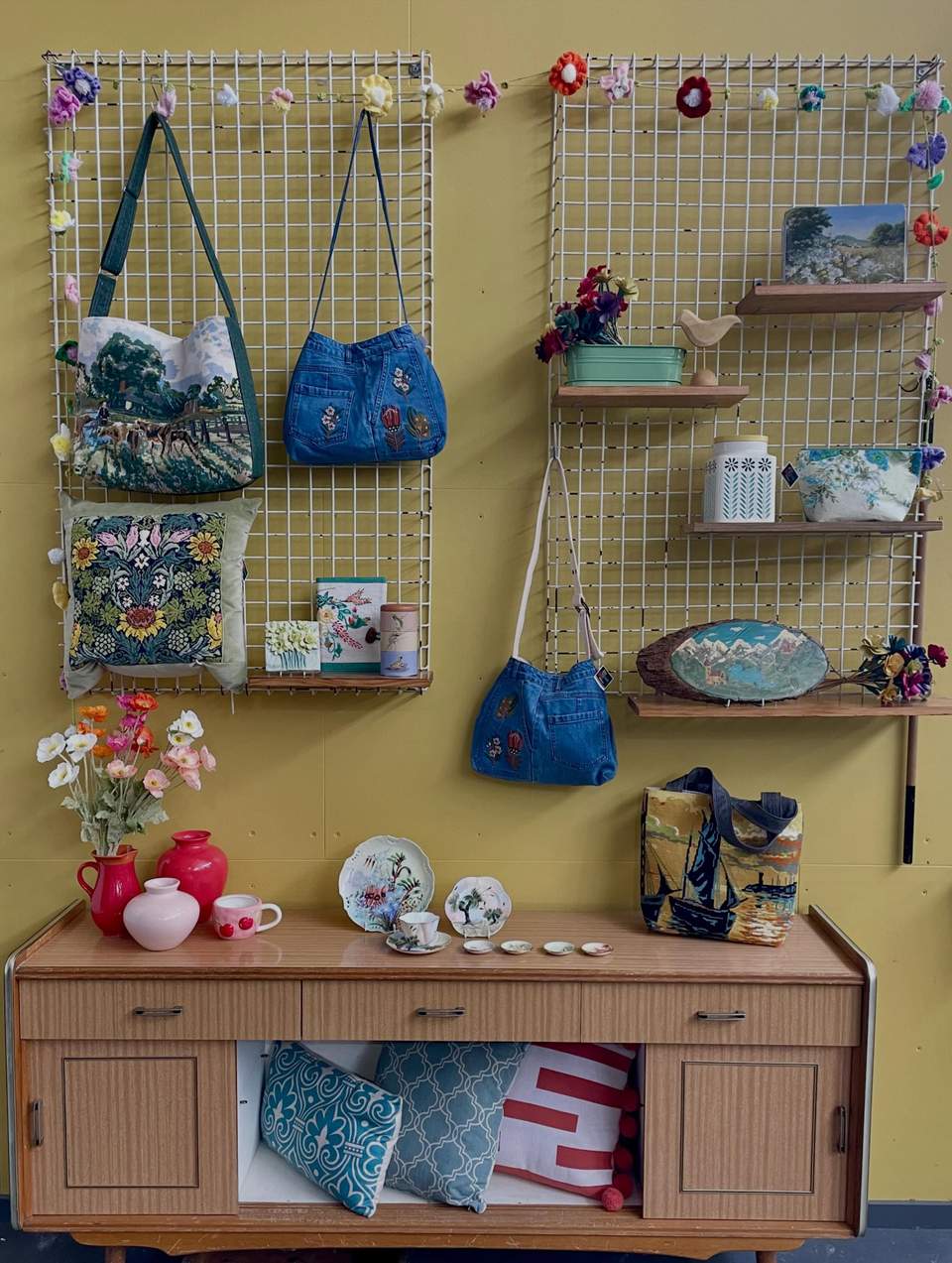Here’s a selection of our lovely Spring collection- available on both our feature wall and cafe corner tomorrow! Lots of upcycled textiles, wool blanket off cuts turned into doorstops and bunting, donated crocheted circles reimagined in various gorgeous ways… handmade tapestries and stitcheries as well as lovely spring items that will bring a freshness to your home after the winter cold! Why not usher in the new season with something special from The Mustard Tree🌼🌸🧡