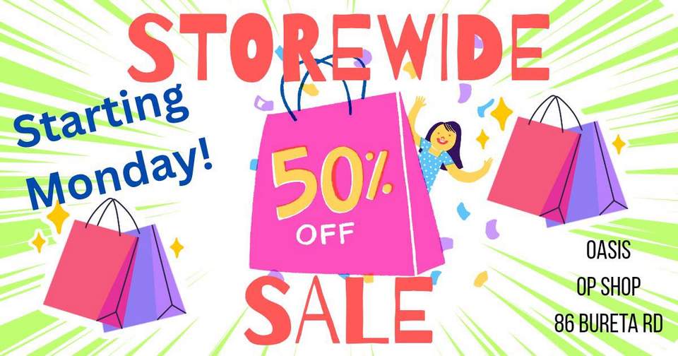 Oasis Op Shop has 50% off storewide for one week from 24 August.