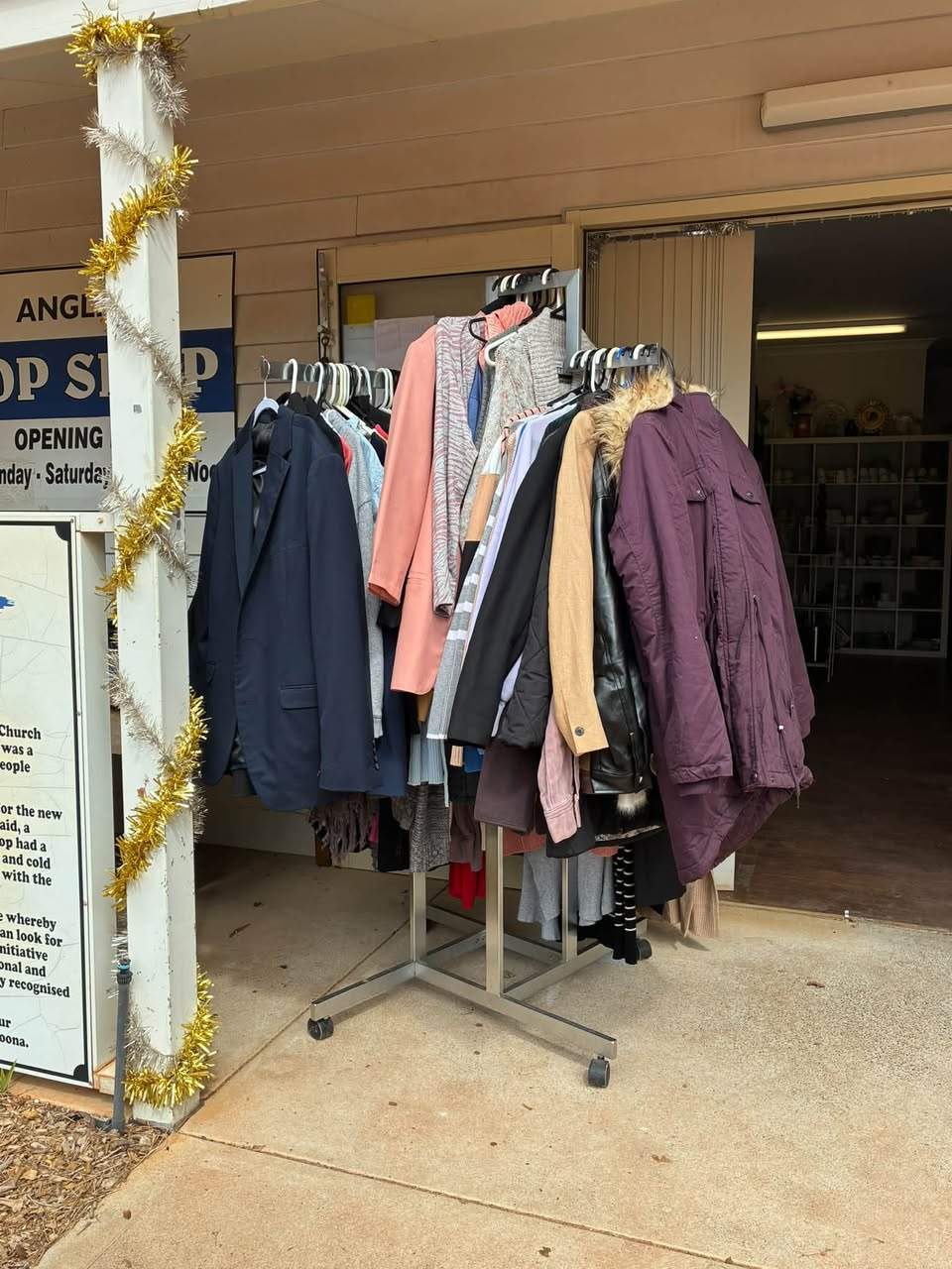 All jumpers and jackets in front of the op-shop $1 all week.
(Please note: they are hanging in front of the main door only).