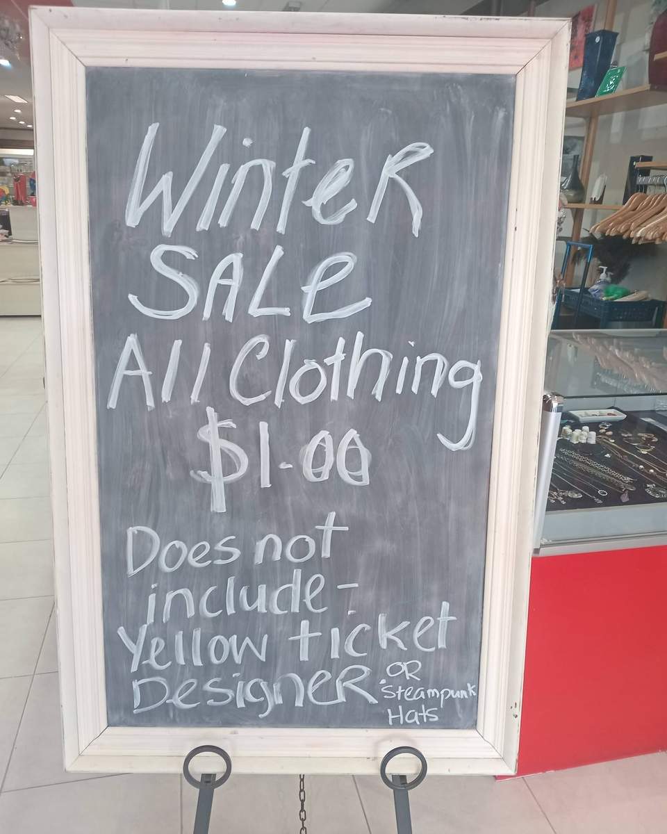 Winter Sale - all clothing now $1 *Does not include Designer or Steampunk #hospiceshoprotorua #opshopfinds #rotoruahospice #supportyourlocalhospice