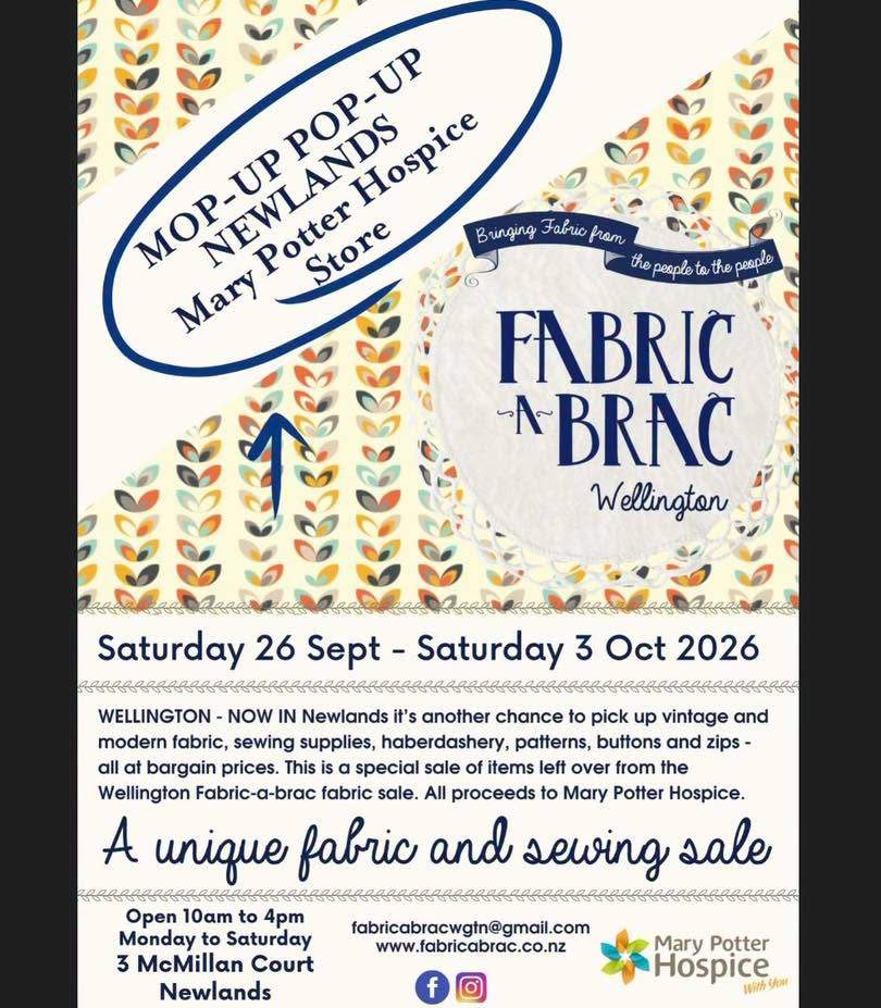 We’re all set for Fabric-a-brac Wellington Mop Up Pop Up!
And what amazing delights we have in store for you in our furniture room.
Pop Up runs:
Saturday 26 Sept - Saturday 3 Oct
10am - 4pm
Closed Sundays
A huge thank you to the Fabric-a-brac team for their hard mahi, raising much needed funds for Mary Potter Hospice
OPEN tomorrow 10-4
Ngā mihi nui x