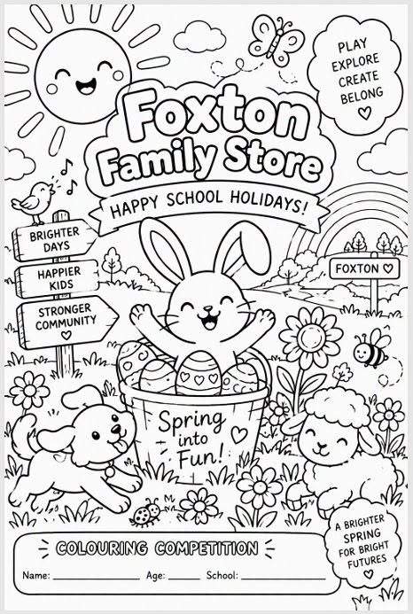 School Holiday Fun Alert!
Bring the Whānau into Foxton Family Store and grab a coloring competition sheet for the kids. A great way to keep little hands busy while you shop!
We have a station set up ready to go
 Hand it in at the counter to receive a lollipop and we will display your childs masterpiece in-store- another fun activity to add to your school holiday adventures