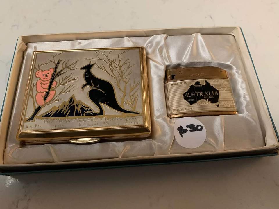These two vintage items will be available in our shop cabinet on Tuesday afternoon. Kingfisher pipkin pot $25. Souvenir cigarette case and lighter $30.