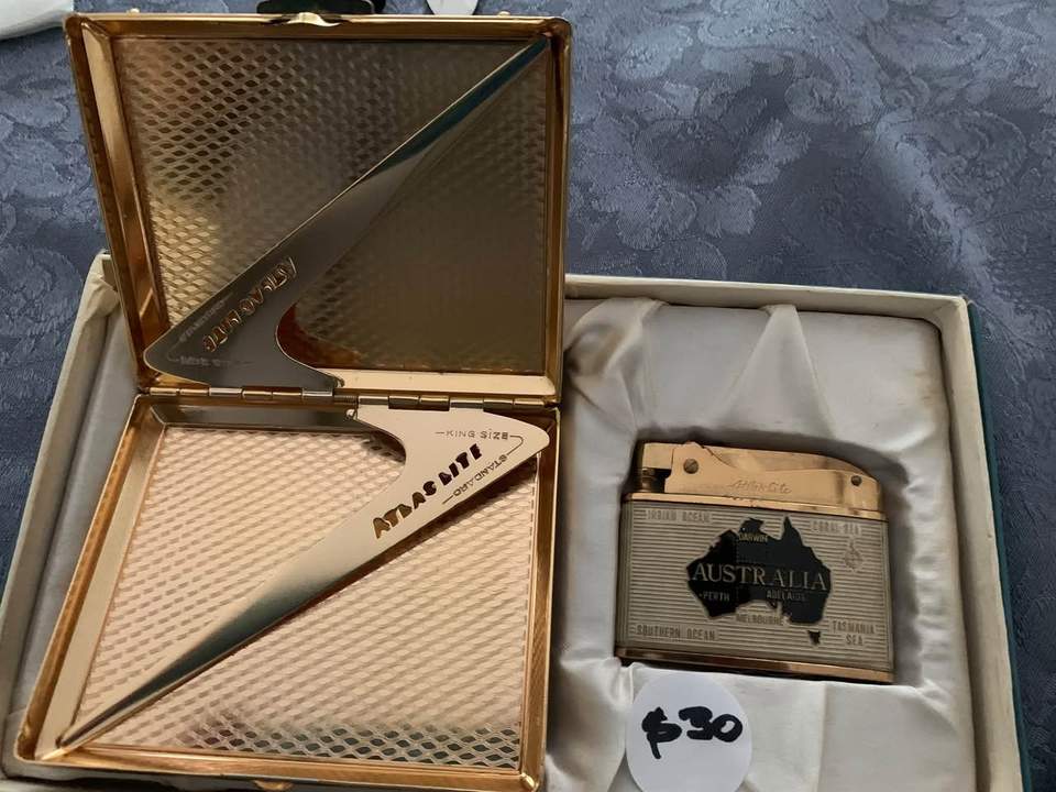 These two vintage items will be available in our shop cabinet on Tuesday afternoon. Kingfisher pipkin pot $25. Souvenir cigarette case and lighter $30.