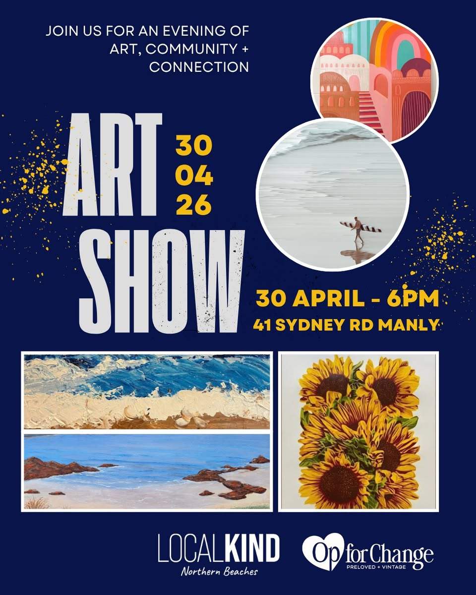 Join us for an evening of art, community and connection at the LocalKind x Op for Change Charity Art Show. This annual event showcases a curated selection of artworks generously donated by local artists, all available for purchase. Fabulous catering will be provided by @zingfreshcatering and all artwork proceeds will directly support @localkindnb
 Date: Thursday 30 April 2026
 Time: 6pm
Location: Op for Change, 41 Sydney Rd, Manly
Admission is free, but tickets are limited. Reserve your place now at https://events.humanitix.com/artshow4
 Pictured artwork in slide 3 by @erinmasters