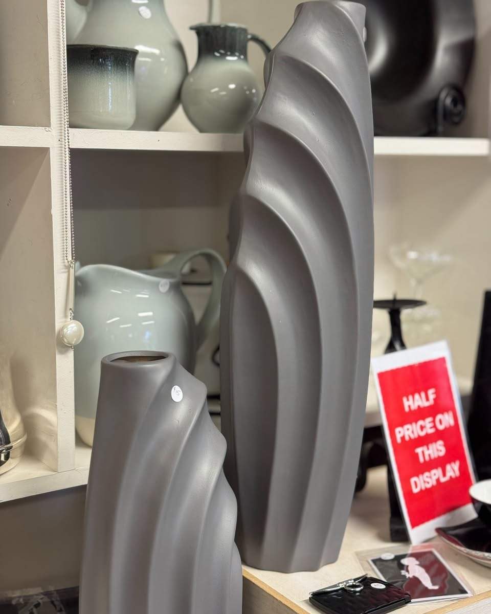 1/2 OFF sale on select displays continues through the weekend! Don't miss out on our glassware, black, blue and multicolored displays.

VASES | CERAMIC PLATTERS | FIGURINES | PILLOWS | PUZZLES | CHILDREN'S BOOKS | CLUTCHES | COASTERS | GLASS PLATTERS & MORE!
We are open Friday and Saturday, 10am-4pm
68 Orbell Street, Timaru