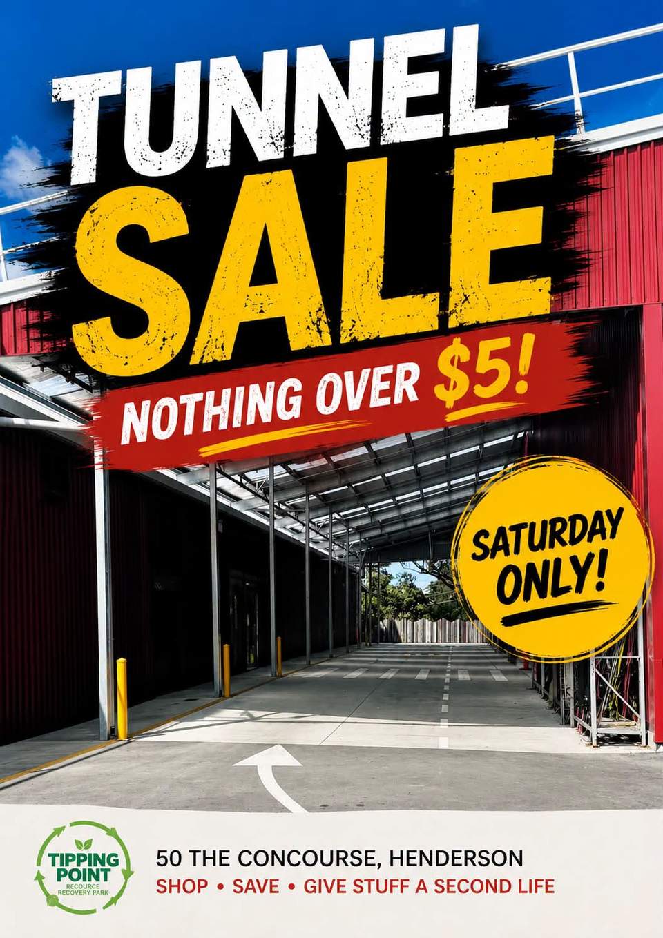 🔥 THE TUNNEL SALE IS BACK! 🔥 SATURDAY ONLY! Everything in the tunnel is $1–$5 MAX — plus we’ve got a whole FREE AREA! 🙌 🆓 FREE AREA featuring: Coat hangers • Books • Shoes • Stationery • Clothes & more 💥 $1–$5 TUNNEL SALE featuring: 🛋️ Lots of furniture 🚪 Cabinets 🗄️ Drawers 🏠 Housewares …and heaps more! ♻️ Great finds, incredible value and keeping good stuff circulating instead of going to waste. 📅 Saturday only | 9am–4pm 📍 Tipping Point, 50 The Concourse, Henderson Nothing over $5 in the tunnel — and plenty for FREE! 💚