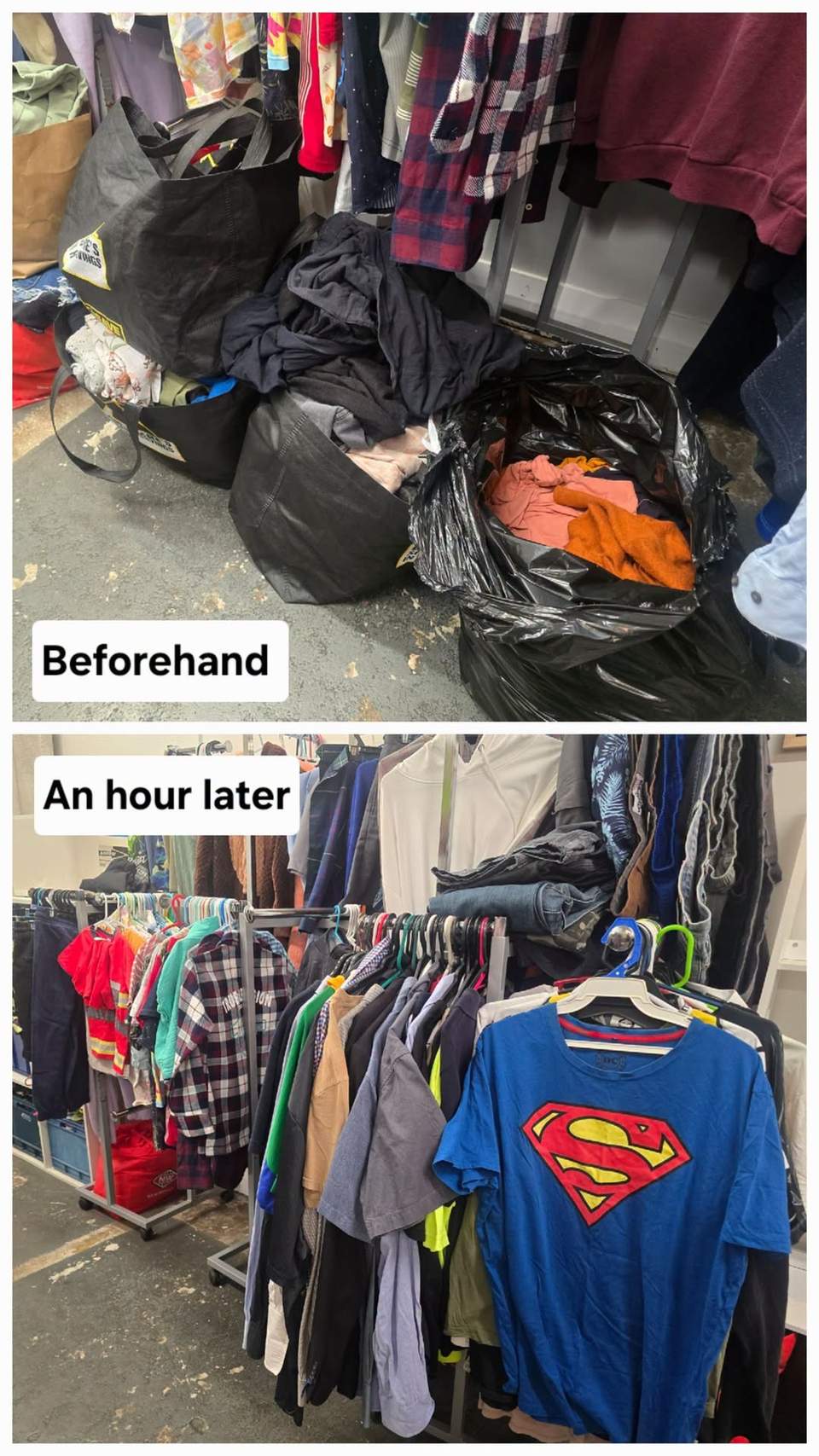 An hour later and we have a tidy clothes area. Lots of new donations around the shop, pop in & take a look.