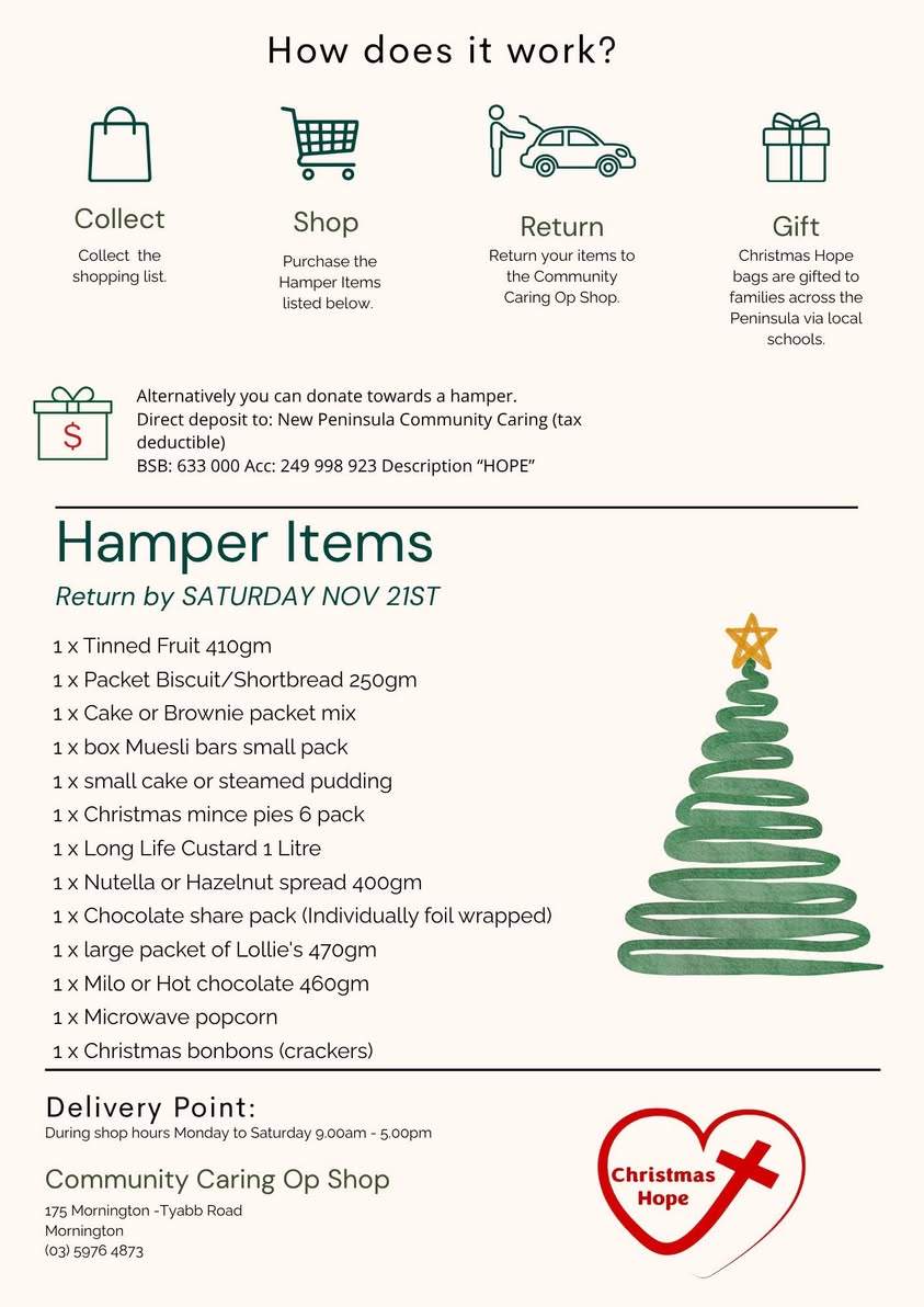 New Peninsula Community Caring Christmas Hope Appeal launches today!
From tomorrow you will be able to donate items for hampers at the Op Shop.
Year on year the need is growing, and this year will be no exception. If you can donate an item or two, it will make a huge difference to families doing it tough this year.
If you are in Mount Martha, we are partnering with the Community Bank as a drop off location also. We are super grateful for their support.
Community Bank Mount Martha Mornington Peninsula News Group
#opshop #thriftshop #christmas #christmashope #community #MorningtonPeninsula