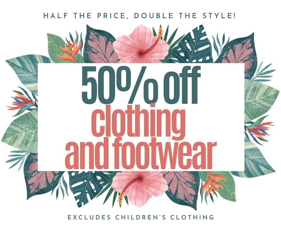 ✨ Don't miss our 50% OFF CLOTHING & FOOTWEAR SALE ✨ 💥Sale starts tomorrow 💥 🌟This Friday, Saturday and Sunday 🌟 EXCLUDES CHILDREN'S CLOTHING AND FOOTWEAR . 🏃🏻‍♀️ Be quick, sizes and styles are limited! 📍 Bloom Pukekohe Op Shop, 33 Edinburgh Street, Pukekohe 🗓️ Open 9.30am - 4pm — don’t miss it! #OpShopFinds #bloompukekohe #bloompukekoheopshop #SustainableStyle #ThriftDeal #BargainAlert #ShopLocal #PukekoheStyle #ThriftedFashion #OpShopLove