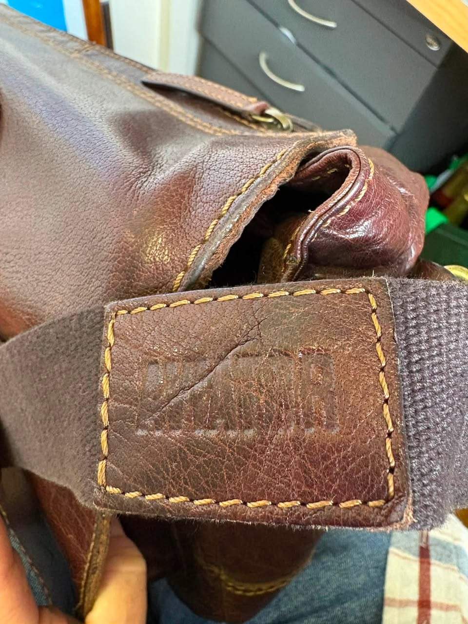 Good-quality unisex leather Aviator satchel in excellent condition, approximately 39 × 28 cm, offered in store for $115.