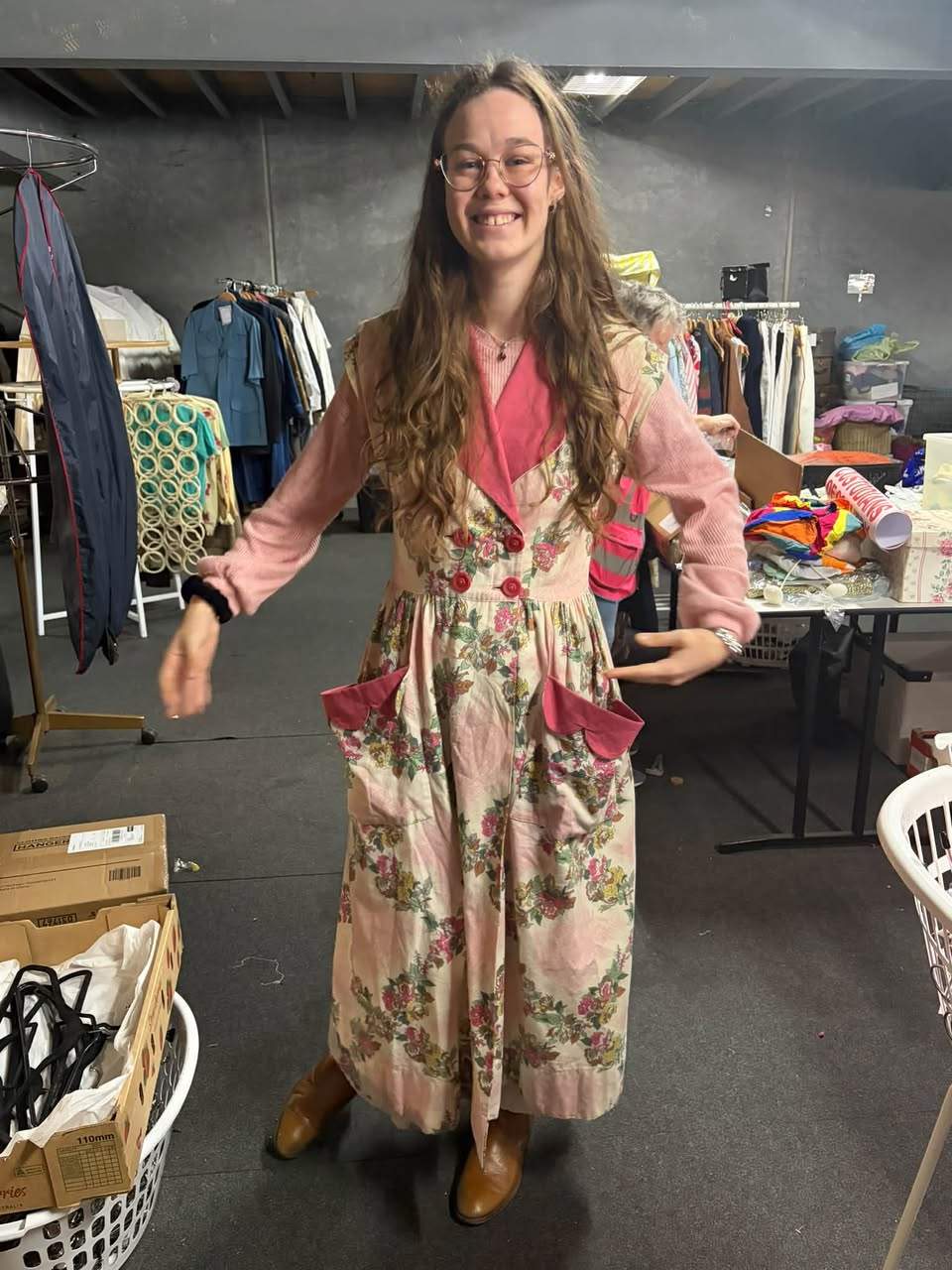 It’s “warehouse Wednesday” where we get to unload our donations , sort through stock , work on repairs and pick the incoming stock for the Adelaide Arcade shop.  There’s a HUGE disparity in the level of warehouse attire - me 58, on the left , old overalls , work boots, hair up teeth possibly brushed, tired vs Amelia 20, young , sparkly , fresh wearing a late 1940’s frock….
Takes all types right ?