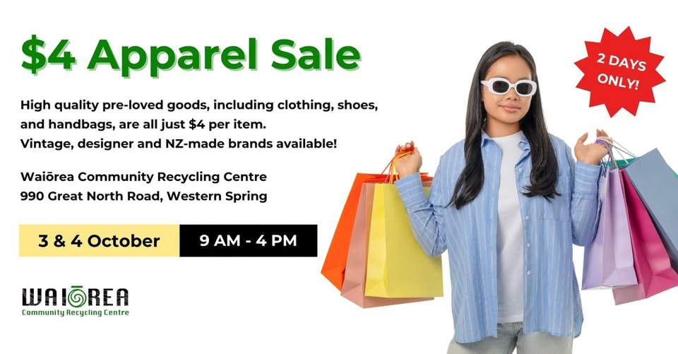 Our $4 Apparel Sale is this weekend!
High quality pre-loved goods, including clothing, shoes, and handbags, are all just $4 per item. Vintage, designer and NZ-made brands available.
TWO DAYS ONLY - 3 & 4 October, 9AM to 4PM
Waiōrea Community Recycling Centre
990 Great North Road, Western Springs
See you there!
https://www.facebook.com/share/1GMoiT1j68/
#Waiōrea #WaiōreaRecyclingCentre #ZeroWaste #ZeroWaste2040 #WesternSprings #ReduceReuseRecycle #SustainableLiving #Thrifting #Thrift #Bargains