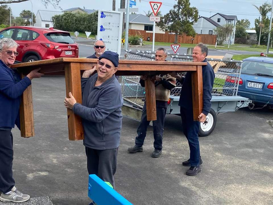Our first week full week open at our new premises is now complete and we are drawing breath.
It has been fantastic to see lots of you enjoying the new shop.
We need to thank many more members of our community who helped us create the space we are very proud of!
Huge thanks to Pohutukawa Coast Menzshed, including Paul, Adrian, Mick and Tony who beautifully restored our table and counter and did numerous other jobs.
Dave from Auckland Security Cameras for providing  the labour to install our cameras
Tomo for tidying up our ‘garden’ , taking away rubbish and helping put up fixtures.
Myken for painting.
Mark for graphic design ( new signs coming soon!)
Kevin for scaffolding, erecting current signs, and lots of other jobs.
Neighbours for use of their bins, baking and providing manpower to help lift in our heavy units.
NZ movers for supplying van and men
Surplus Traders for outstanding service and providing our new shop fittings at an amazing, heavily discounted price.
Our prior landlords at old CT shop and storage unit who have been flexible and helpful.
And all of you who have provided donations and feedback.
We look forward to next week!