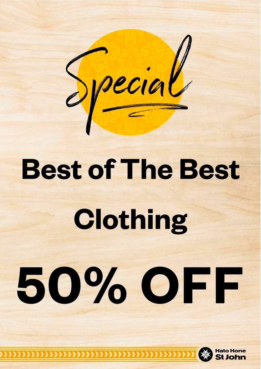 TWO‑DAY MEGA CLOTHING SALE
Mens & Womens clothing $2 (excludes Best of the Best)
Baby & kids clothing $1
Best of the Best clothing 50% OFF
Wednesday + Thursday only
Bargains galore
Brookfield Shopping Centre, 75 Bellevue Road, Tauranga
#HatoHoneStJohn #nzopshop #stjohnstore #opshopnz #tauranga #stjohns #donations #schoolholidays #thrifting #opshopping #clothingsale