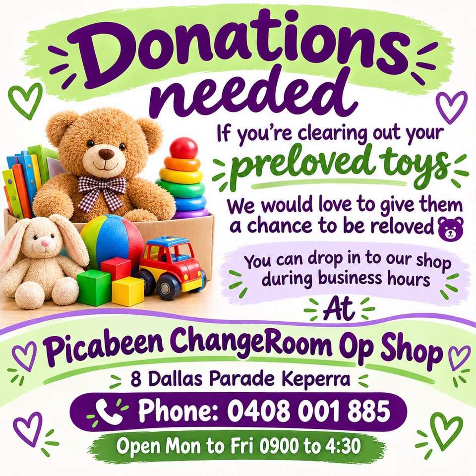 Toy Donations Needed
Declutting the Children’s toy room?
we would love to give them a chance to be re-loved in our op shop
Open Mon to Fri 9 to 4:30 at 8 Dallas Parade Keperra.
#sustainableliving
#picabeenchangeroom
#nolandfill
#opshopping
#toys