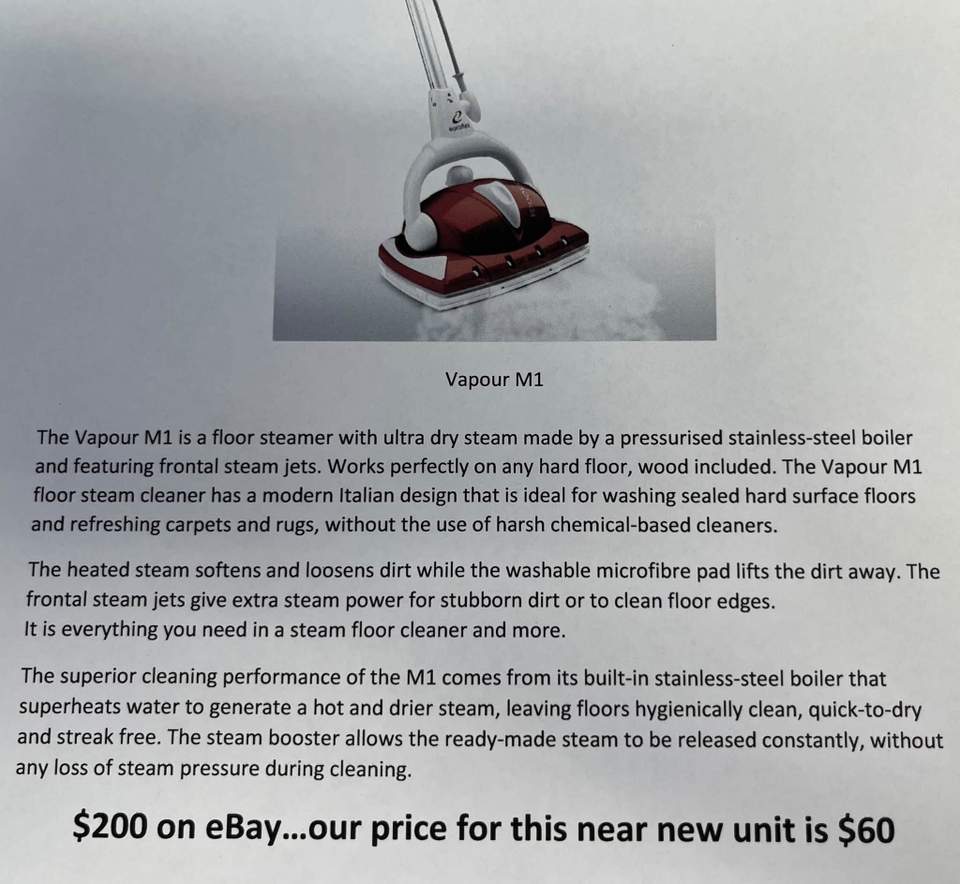 Floor steamer which uses ultra “dry” steam! Almost new.. Hurry, this won’t last! $60 ( $200 on eBay)