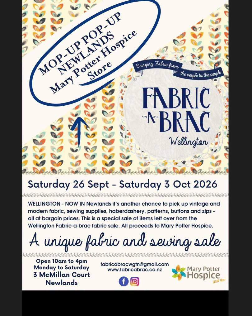 Only two days left to grab your dream crafting items at our Fabric-a-brac Mop Up Pop Up before Saturday 4pm.
Beautifully restocked tables today, bagged buttons, magazine, patterns and more!
Pop by for a fossick
Open Monday- Saturday 10-4
Thank you for supporting hospice patients and whānau.