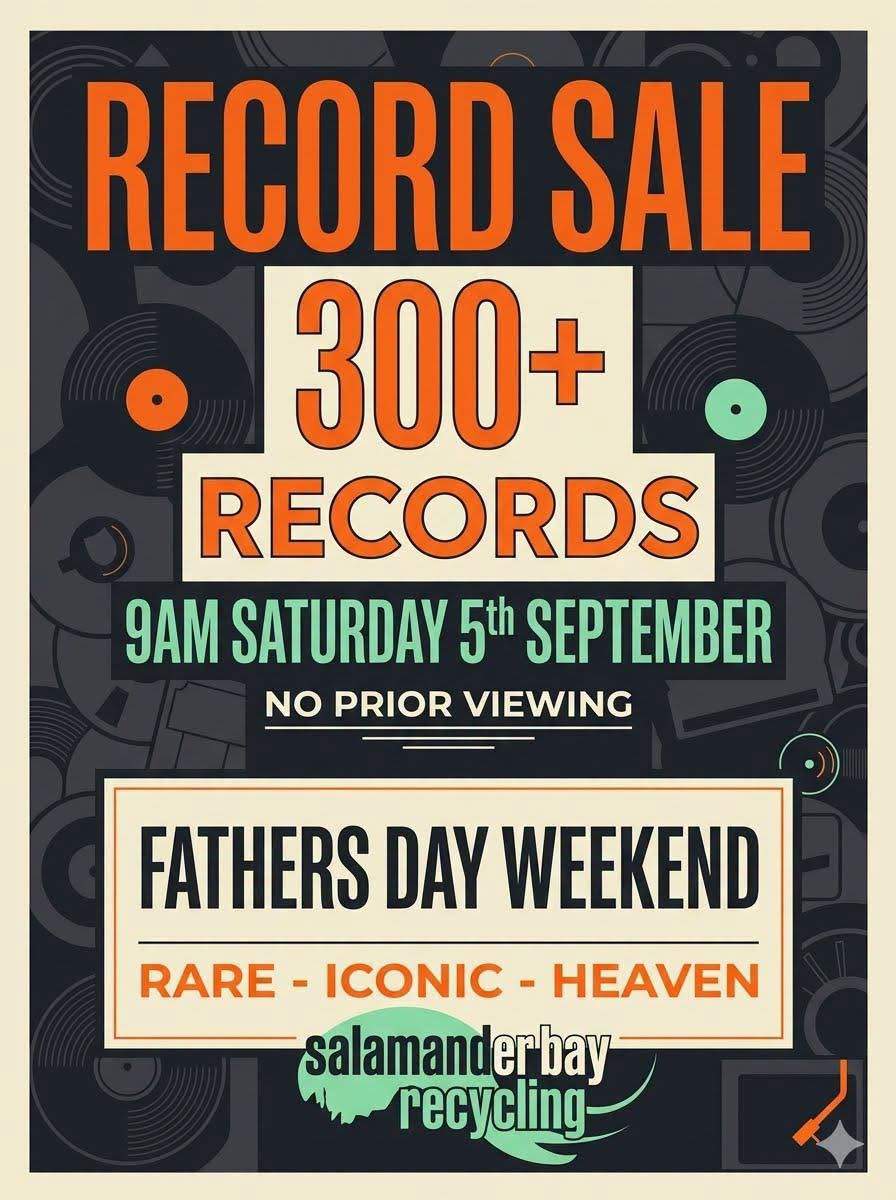 🔥 FATHER'S DAY WEEKEND RECORD SALE — TOMORROW! 🔥 The wait is over. Tomorrow from 9AM, over 300+ records hit the floor at Salamander Bay Recycling. 💿 Rare finds 🎸 Vintage classics 🎤 Iconic artists 🎶 Hidden gems Every record individually priced. No pre-sales. No holds. No sneak-ins. This is strictly first in, best dressed. Whether you're a serious collector or just love the thrill of crate digging, make sure you're through the doors when they open. 📅 Tomorrow ⏰ 9:00AM 📍 Salamander Bay Recycling Get ready to dig. The gems won't last long. When they're gone, they're gone. 🎶🔥