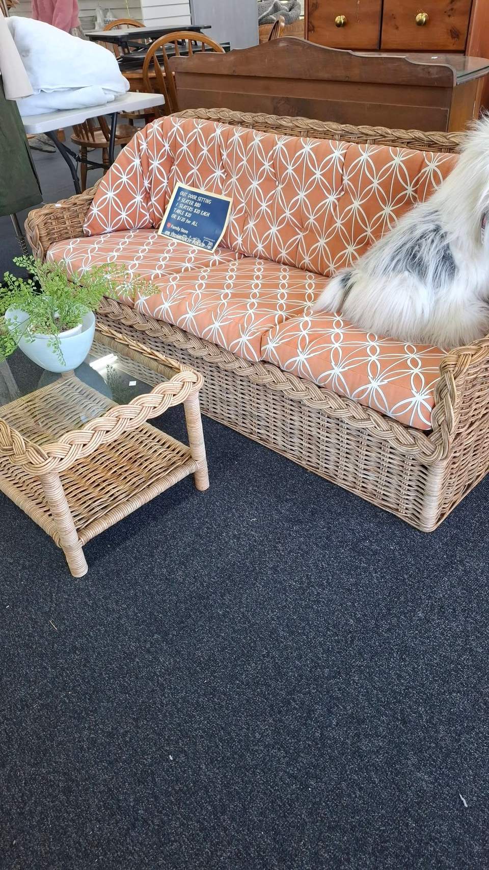 Fresh clothing and furniture are in store, including a new king Milford bed for $650 with local delivery, Ecosa mattresses at $250 single and $300 king, and a dining table with six chairs for $280.
