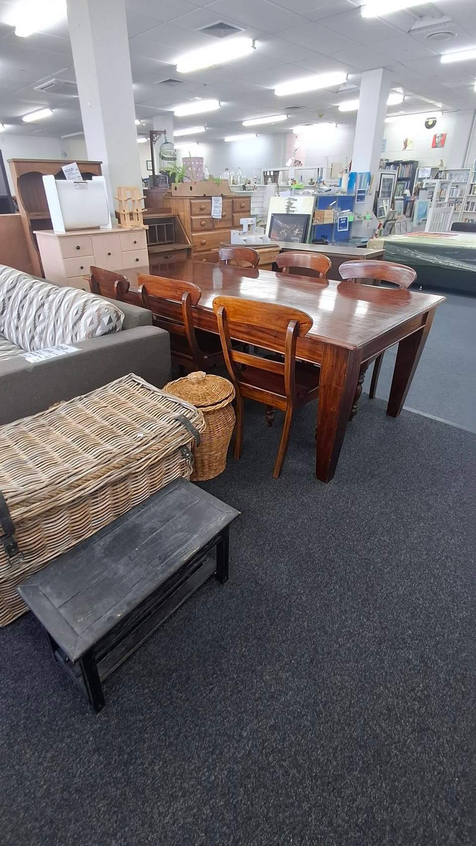 Fresh clothing and furniture are in store, including a new king Milford bed for $650 with local delivery, Ecosa mattresses at $250 single and $300 king, and a dining table with six chairs for $280.