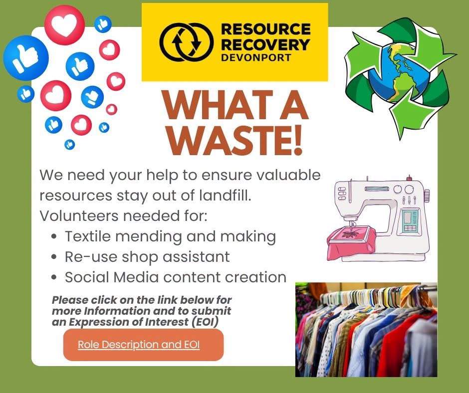 Are you passionate about reducing waste going to landfill?
Maybe you are retired and looking for ways to give back to your community?
Or just starting out and looking for experience?
We are on the hunt for awesome people to join our volunteer team and help out with:
Textile/Sewing Mending and Making
Re-Use Shop Assistant
Social Media Content Creation
Check out our seek ads for more info:
https://seekvolunteer.co.nz/.../Textile-Sewing-Mender-and...
https://seekvolunteer.co.nz/.../128247/Reuse-Shop-Assistant
https://seekvolunteer.co.nz/.../Social-Media-Content-Creator
If you think one or more of these roles is a good fit for you, fill in an Expression of Interest here: https://forms.gle/u4bAFbUDG6yQ4aV66
Or email our Volunteer Coordinator Ann on community@devonportrecycle.co.nz for more information.
Hope to hear from you soon!